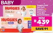 Huggies Gold Skin Soft Nappies Or Gold Pants Mega Box Assorted Sizes-Each