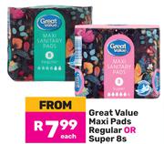 Great Value Maxi Pads Regular Or Super-8s Each