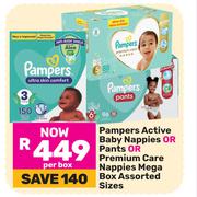 Pampers Active Baby Nappies Or Pants Or Premium Care Nappies Mega Box Assorted Sizes-Per Box