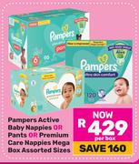 Pampers Active Baby Nappies Or Pants Or Premium Care Nappies Mega Box Assorted Sizes-Per Box