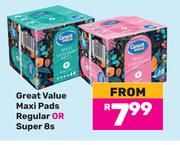 Great Value Maxi Pads Regular Or Super (Priced From)-8s