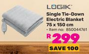 Logik Single Tie Down Electric Blanket 75 x 150cm 850044761