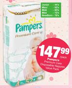 Pampers Premium Care Disposable Nappies Junior-44's/Maxi-52's/Midi-60's/Mini-72's/New Born-78's-Each