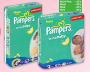  Pampers Active Baby Disposable Nappies Jumbo Maxi Plus-62's/Midi-82's/Mini-94's Per Pack