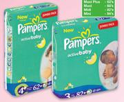 Pampers Active Baby Disposable Nappies Jumbo Maxi Plus-62's/Midi-82's/Mini-94's Per Pack