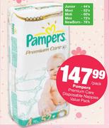 Pampers Premium Care Disposable Nappies Junior-44's/Maxi-52's/Midi-60's/Mini-72's/New Born-78's Each