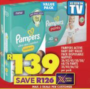 Pampers Active Baby Dry Value Pack Disposable Nappies 36/42/45/50/58/68/76 Pants 35/40/46/52-Per pac