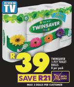 Twinsaver 1-Ply Toilet Rolls-8 Per Pack