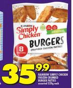 Rainbow Simply Chicken Frozen Crumbed Burger Patties Assorted-520g Each
