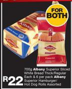 Albany Superior Sliced White Bread Thick/Regular 700g+Superior Hamburger/Hot Dog Rolls 6's-For Both