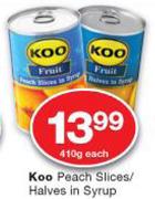 Koo Peach Slices/Halves In Syrup-410g Each