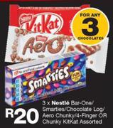 Nestle Bar One/Smarties/Chocolate Log/Aero Chunky/4 Finger Or Chunky Kitkat Assorted-For 3