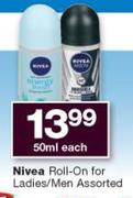 Nivea Roll On For Ladies/Men Assorted-50ml Each