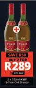 KWV 3 Year Old Brandy-For 2 x 750ml