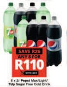 Pepsi Max/ Light/ 7 Up Sugar Free Cold Drink-For Any 8 x 2L 