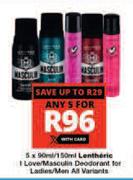 Lentheric I Love/ Masculin Deodorant For Ladies/ Men  All Variants-For Any 5 x 90ml/ 150ml
