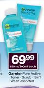 Garnier Pure Active Toner/Scrub/3 In 1 Wash Assorted-150ml/200ml Each