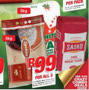 White Star Maize Meal 5kg & Spekko Rice 5kg & Sasko Cake Wheat Flour 2.5kg-For All 3
