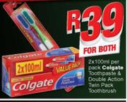 Colgate Toothpaste 2x100ml & Double Action Twin Pack Toothbrush-For Both