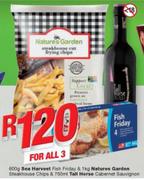 Sea Harvest Fish, Friday 600g/Natures Garden Steakhouse Chips 1kg & Tall Horse Cabernet Sauvignon 75