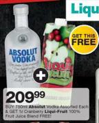Absolut Vodka 750ml+Free Cranberry Liqui-Fruit 100% Fruit Juice Blend 1L