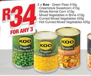Koo Green Peas-410g,Creamstyle Sweetcorn-415g,Whole Kernel Corn-410g-For 3