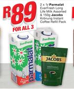 Parmalat Everfresh Long Life Milk-2x1Ltr & Jacobs Kronung Instant Coffee Refill Pack-150g-For All 3