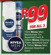 Nivea Men Moisturiser Tin-75ml & Nivea Shaving Foam-200ml & Nivea Men Aerosol-150ml-For All 3