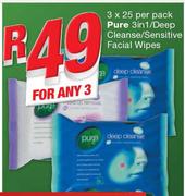 Pure 3-In-1/Deep Cleanse/Sensitive Facial Wipes-Any 3x25 Per Pack