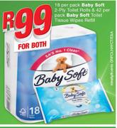 Baby Soft 2 Ply Toilet Rolls-18 Per Pack & Baby Soft Toilet Tissue Wipes Refill-42 Per Pack