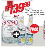 GinMG London Dry Gin-750ml Each Free MG Spirit Cooler NRB Assorted-2 x 275ml