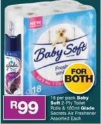 Baby Soft 2 Ply Toilet Rolls 18 Per Pack & 180ml Glade Secrets Air Freshener-For Both
