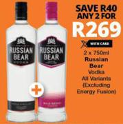 2 x Russian Bear Vodka 750ml (all variants excluding energy fusion)