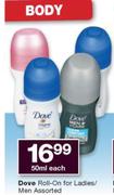 Dove Roll On For Ladies/Men Assorted-50ml Each