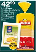 Clover Cheddar/Gouda/White Cheddar/Tussers Cheese-240g & Sunbake Standard White Bread-700g Both For