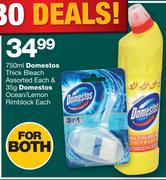 Domestos Thick Bleach 7500ml & Domestos Ocean/Lemon Rimblock 35g-For Both