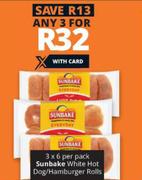 Sunbake White Hot Dog/Hamburger Rolls-3 x 6 Per Pack