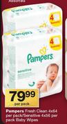 Pampers Fresh Clean-4 x 64 Per Pack/Sensitive Baby Wipes-4 x 56 Per Pack