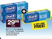 Oral-B Pro Expert Toothpaste Fresh/Whitening/Sensitive/Mild-2 x 75ml & Get One Free
