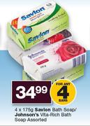 Savlon Bath Soap-4 x 175g/Johnson's Vita Rich Bath Soap Assorted
