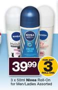Nivea Roll On For Men/Ladies Assorted-3 x 50ml