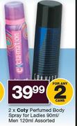 Coty Perfumed Body Spray For Ladies-90ml/Men-120ml Assorted-For 2