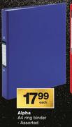 Alpha A4 Ring Binder Assorted-Each