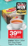 Lipton Yellow Label/Eari Grey/Green Tagged Tea Bags-100 Per Pack