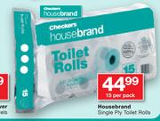 Housebrand Single Ply Toilet Rolls-15 Per Pack