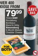 KWV Roodeberg Bordeaux Blend-750ml & Simonberg 6-Month Mature Cheddar Cheese-300g