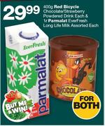 Red BIcycle Chocolate/Strawberry Powdered Drink-400g & Parmalat EverFresh LongLife Milk 1L-For Both