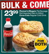 Pieman's/Magpie Pie/Sausage Roll Assorted Each & 500ml Coca-Cola Regular Cold Drink