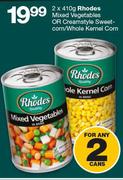 Rhodes Mixed Vegetables-2 x 410g Or Creamstyle Sweet Corn/Whole Kernel Corn