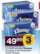 Kleenex Everyday 2 Ply White/Pink Facial Tissues-3 x 2 x 90 Per Pack